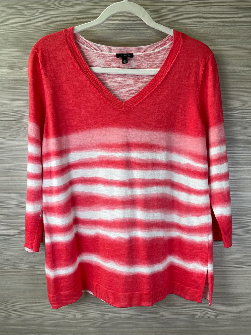 Talbots Cotton/Linen Blend Coral and White Striped V-Neck Summer Sweater Medium